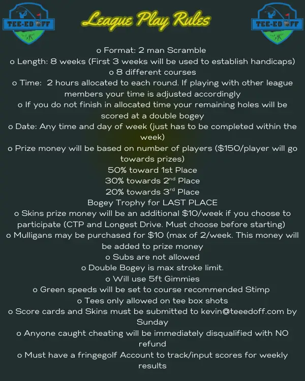 League Play Rules. Format: 2 man scramble, 8 weeks, 8 different courses. 2 hours allocated each round. Prize money based on number of players ($150 per player). 50% towards 1st place, 30% towards 2nd, 20% towards 3rd. Bogey trophy for last place. Skins prize money additional $30 per week. Mulligans $10, max 2 per week. Double bogey is max strike limit. Green speeds set to course recommended Stimp. Score cards due to kevin@teeedoff.com by Sunday.